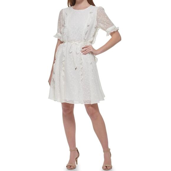 NWT Tommy Hilfiger Short Sleeve Knee-Length Fit and Flare Chiffon White Size 8 - Picture 1 of 8